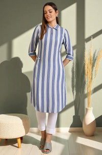 Blue and White Striped Crepe Kurta with Circular Hemline