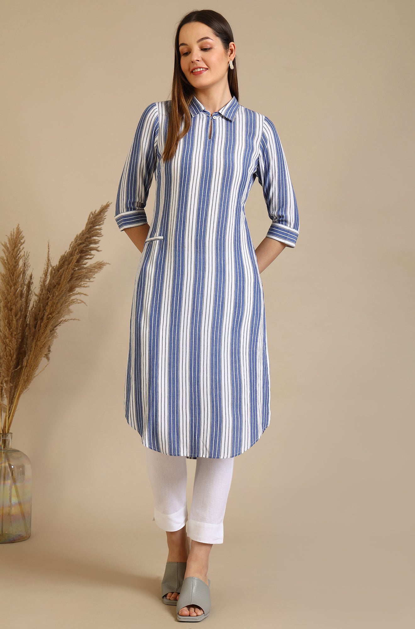 Blue and White Striped Crepe Kurta with Circular Hemline