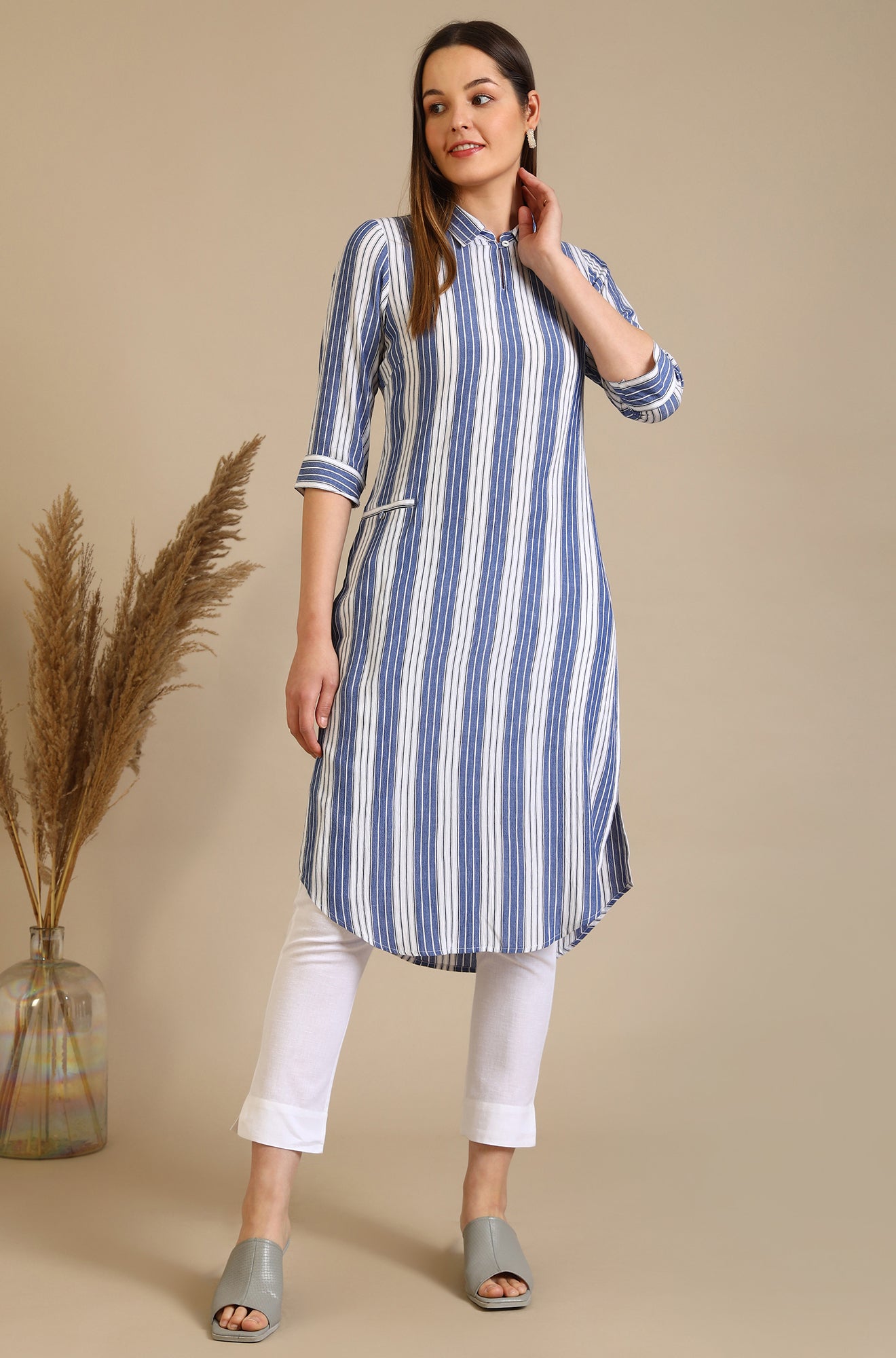 Blue and White Striped Crepe Kurta with Circular Hemline