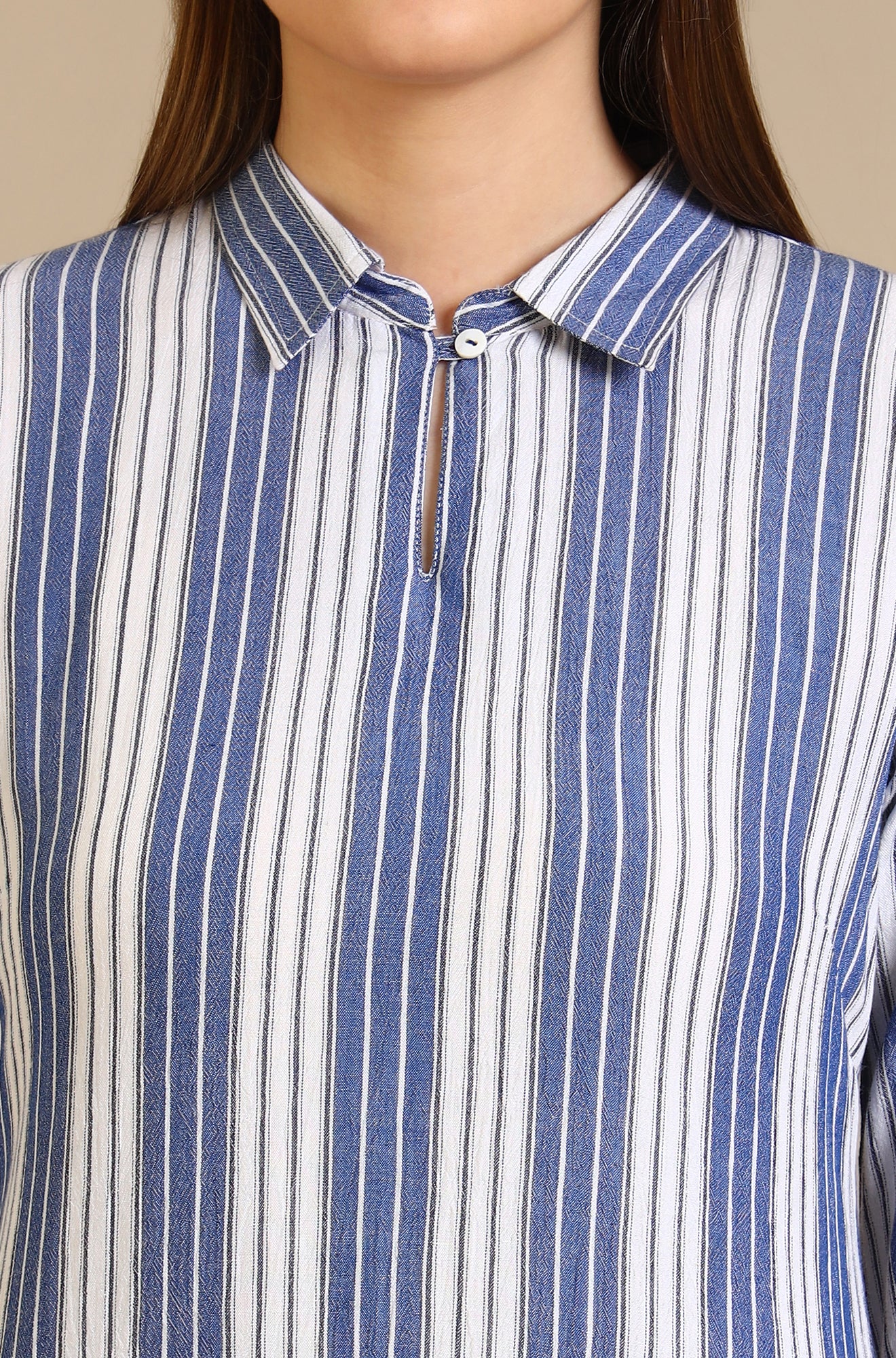 Blue and White Striped Crepe Kurta with Circular Hemline