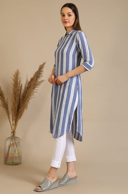 Blue and White Striped Crepe Kurta with Circular Hemline