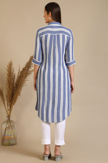 Blue and White Striped Crepe Kurta with Circular Hemline