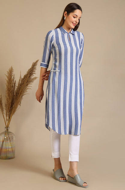 Blue and White Striped Crepe Kurta with Circular Hemline