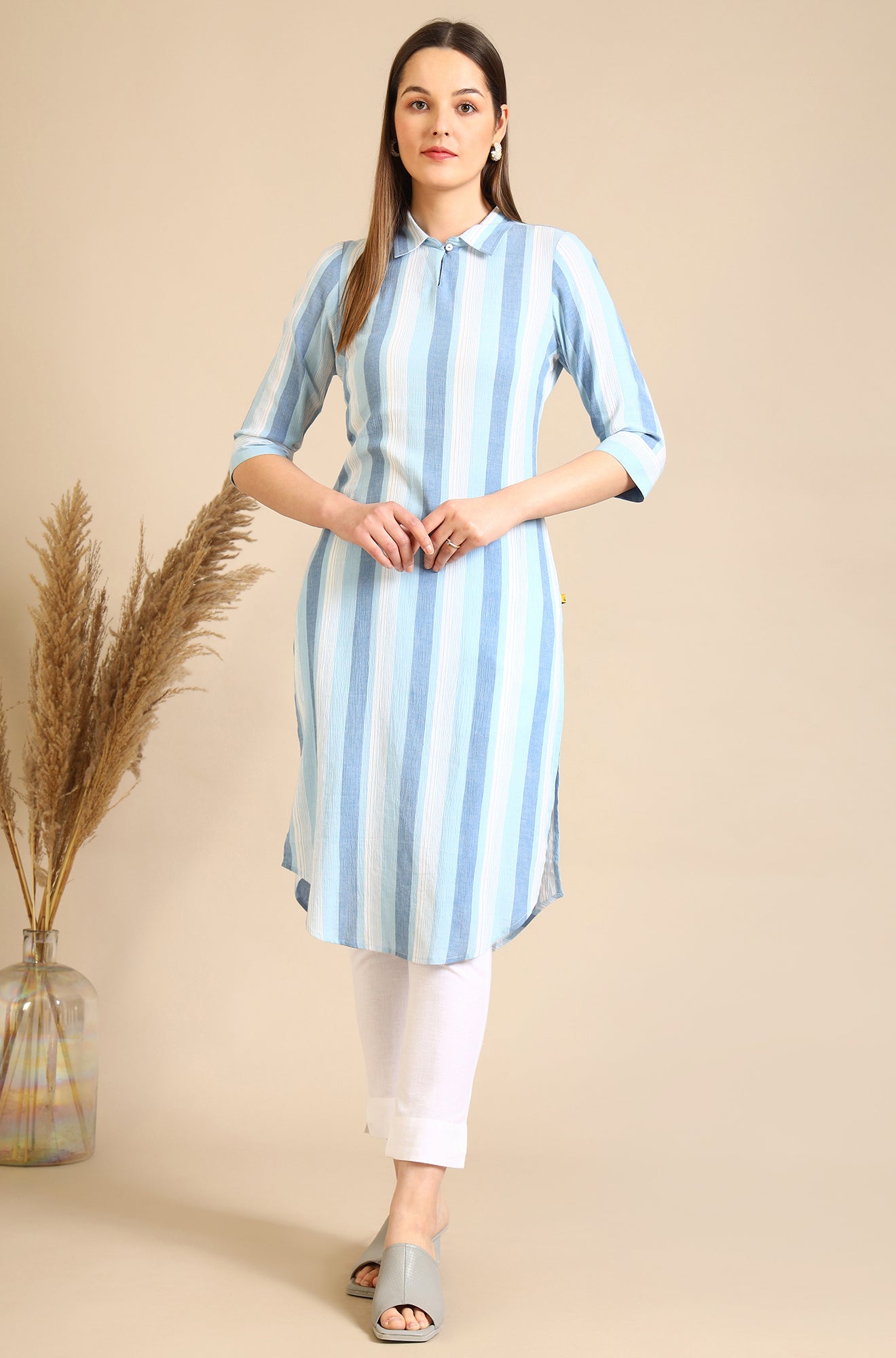 Blue Striped Crepe Kurta with Circular Hemline