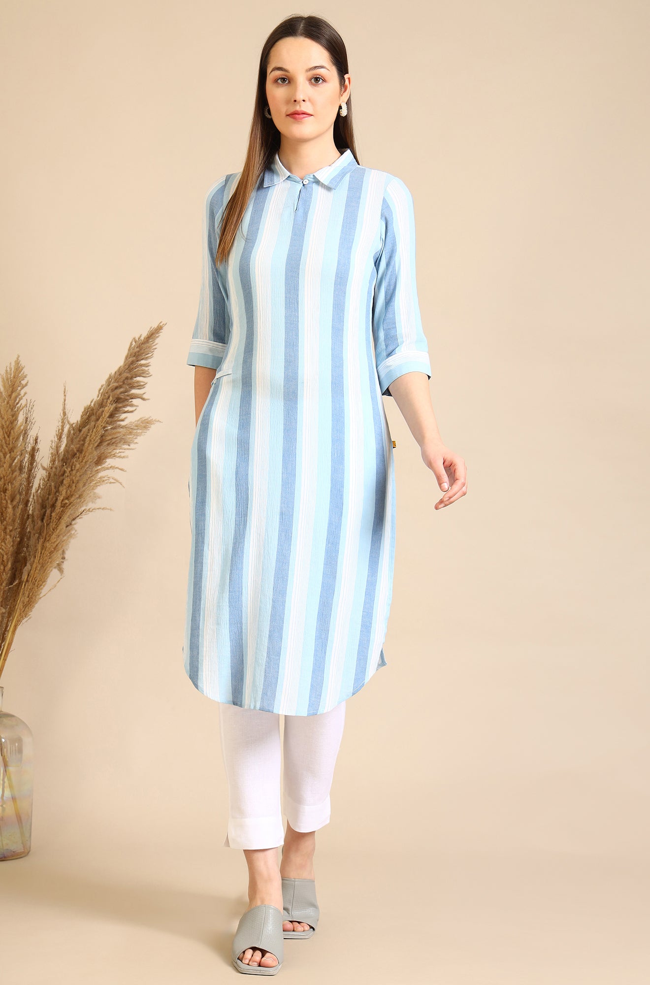 Blue Striped Crepe Kurta with Circular Hemline