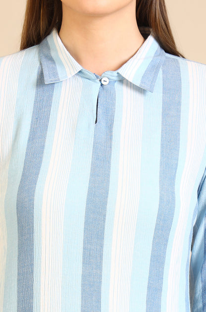 Blue Striped Crepe Kurta with Circular Hemline