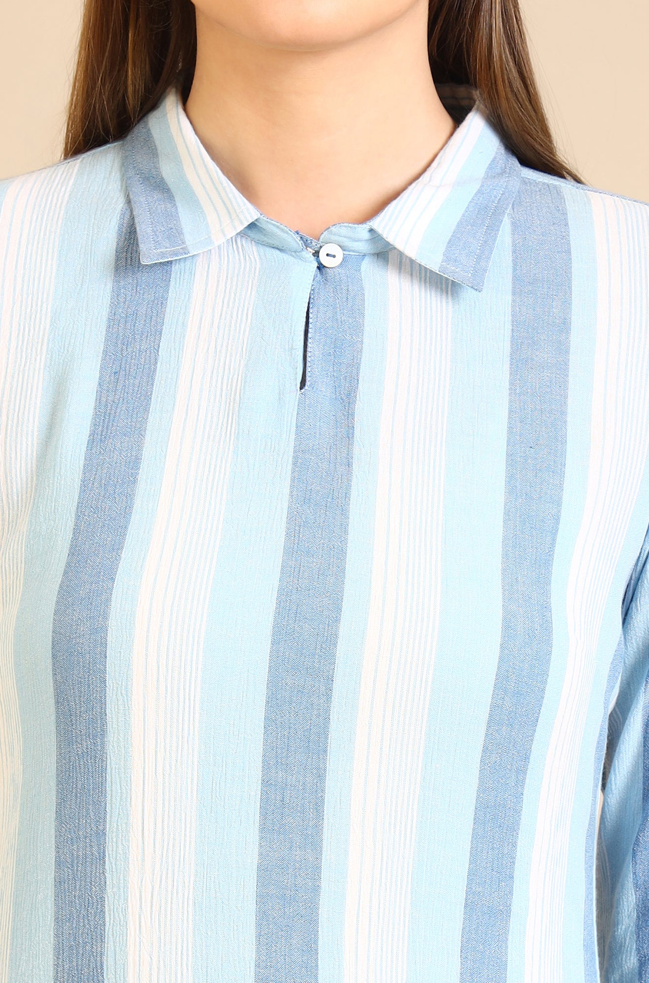 Blue Stripe Cotton Blend Straight Kurta and Palazzo Co-ord Set