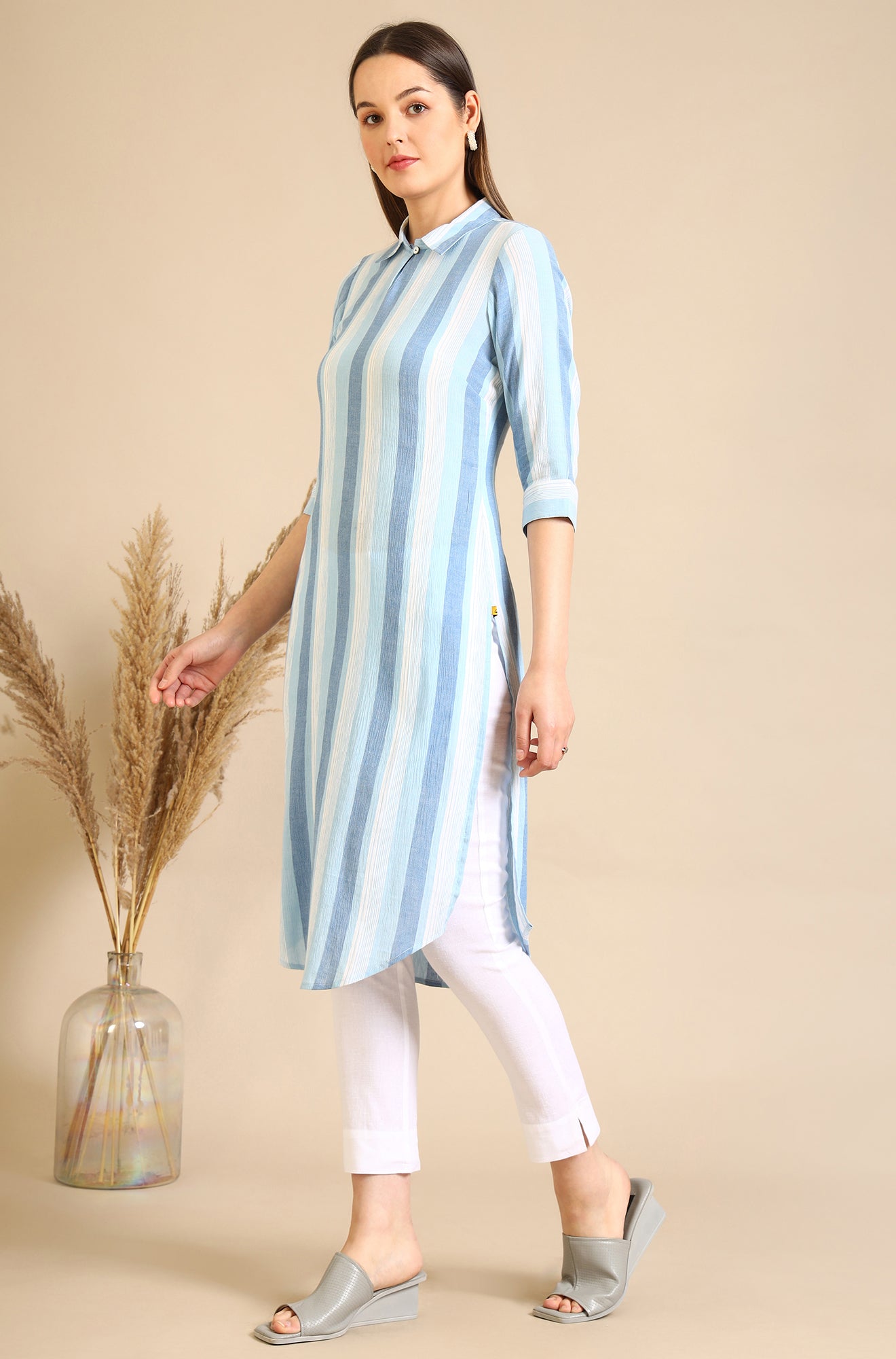 Blue Striped Crepe Kurta with Circular Hemline