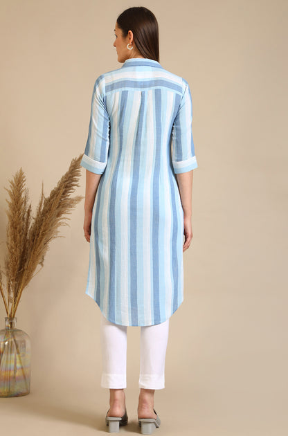 Blue Striped Crepe Kurta with Circular Hemline