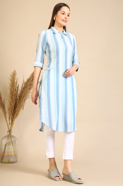 Blue Striped Crepe Kurta with Circular Hemline