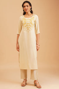 Off White Embroidered Rayon Straight Kurta