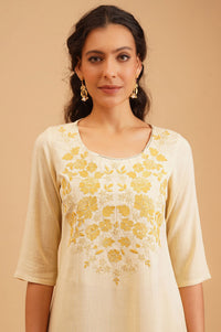 Off White Embroidered Rayon Straight Kurta