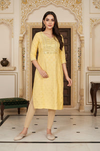 Yellow Geometric Mirror Work Straight Shantung Kurta