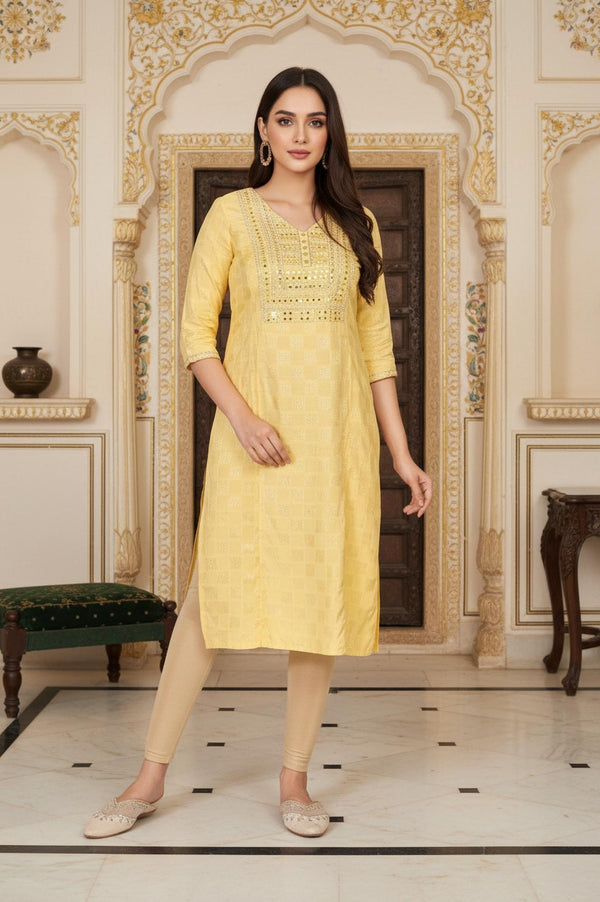 Yellow Geometric Mirror Work Straight Shantung Kurta