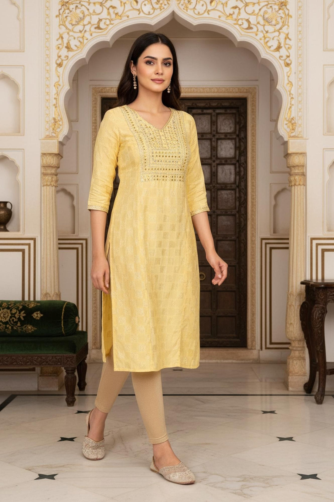 Yellow Geometric Mirror Work Straight Shantung Kurta