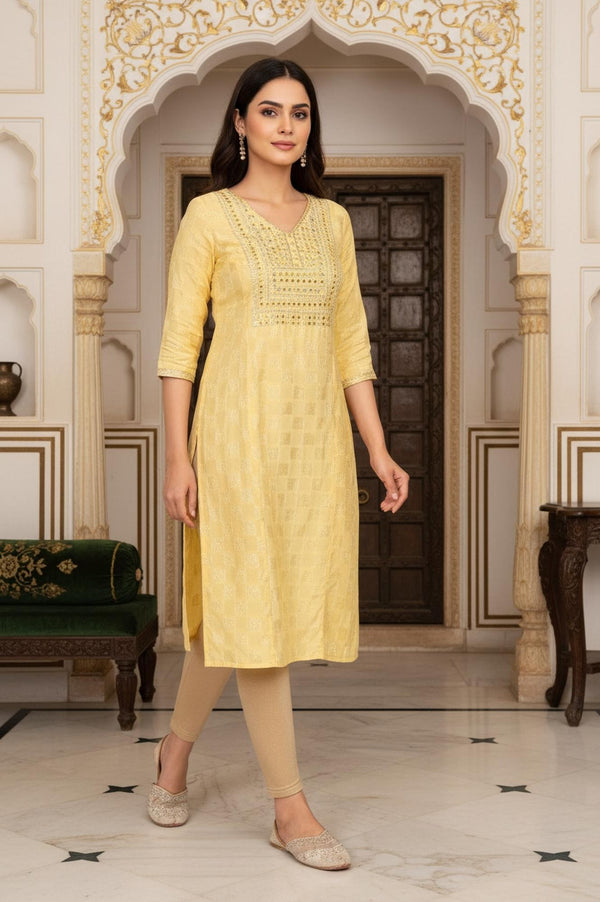 Yellow Geometric Mirror Work Straight Shantung Kurta