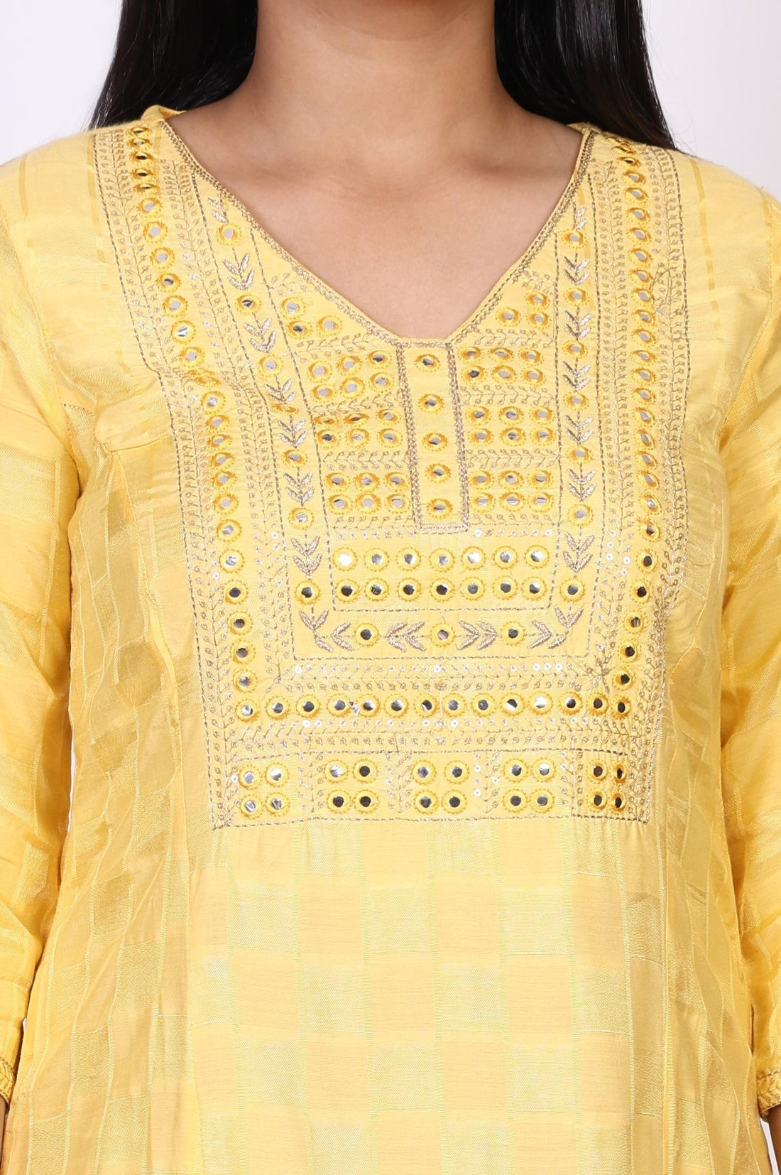 Yellow Geometric Mirror Work Straight Shantung Kurta