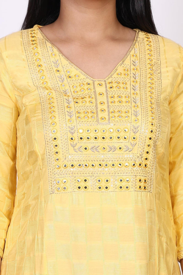 Yellow Geometric Mirror Work Straight Shantung Kurta