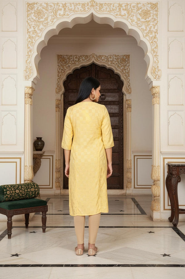 Yellow Geometric Mirror Work Straight Shantung Kurta
