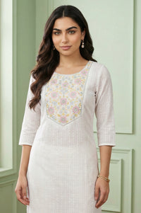 White Embroidered Straight Cotton Blend Kurta