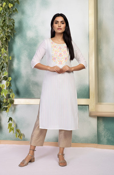 White Embroidered Straight Cotton Blend Kurta
