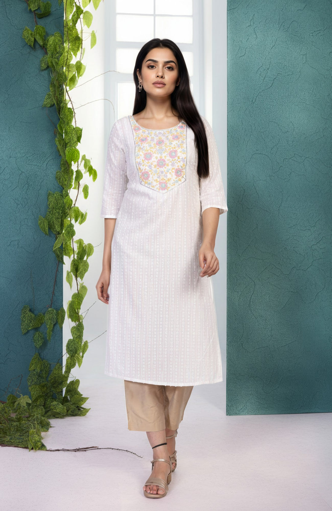 White Embroidered Straight Cotton Blend Kurta
