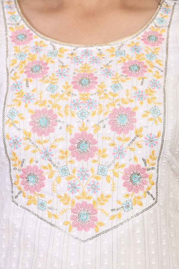 White Embroidered Straight Cotton Blend Kurta