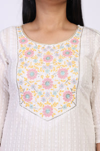 White Embroidered Straight Cotton Blend Kurta