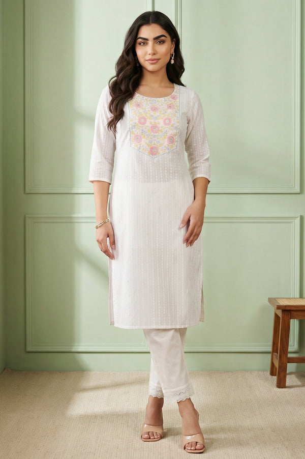 White Embroidered Straight Cotton Blend Kurta