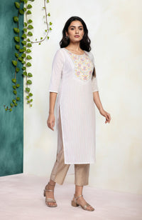 White Embroidered Straight Cotton Blend Kurta