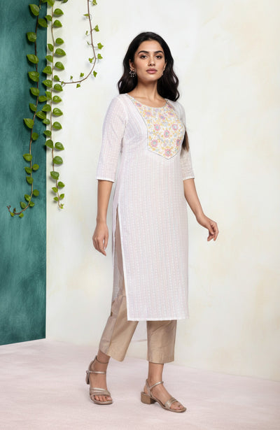 White Embroidered Straight Cotton Blend Kurta