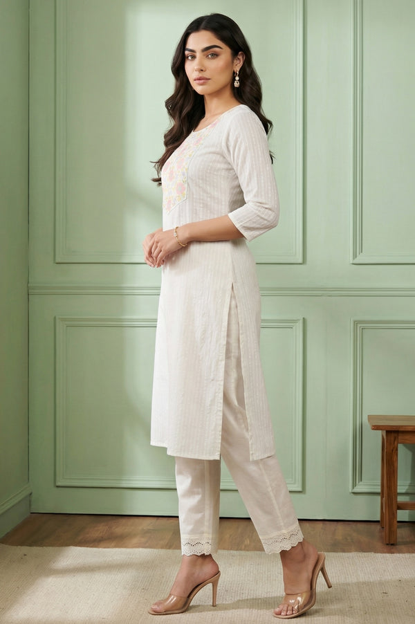 White Embroidered Straight Cotton Blend Kurta