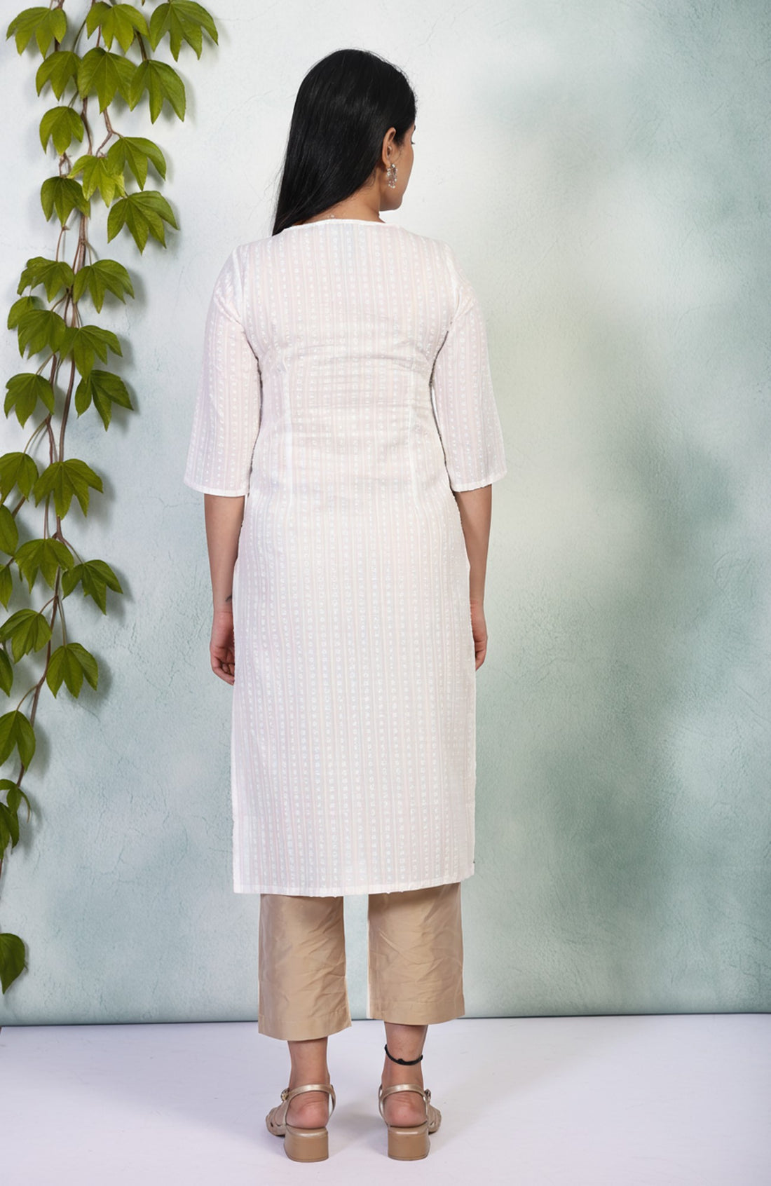 White Embroidered Straight Cotton Blend Kurta