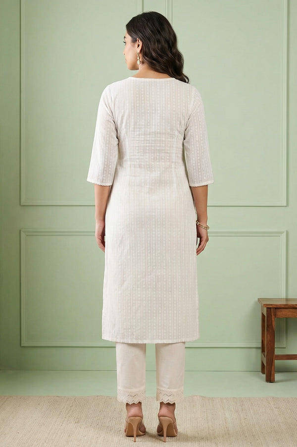 White Embroidered Straight Cotton Blend Kurta