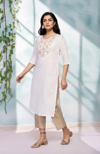 White Embroidered Straight Cotton Blend Kurta