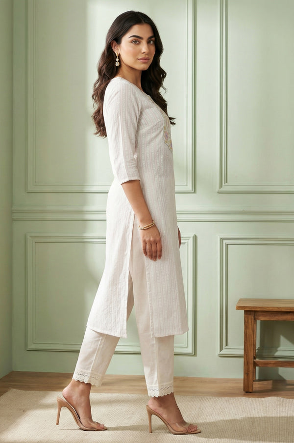 White Embroidered Straight Cotton Blend Kurta