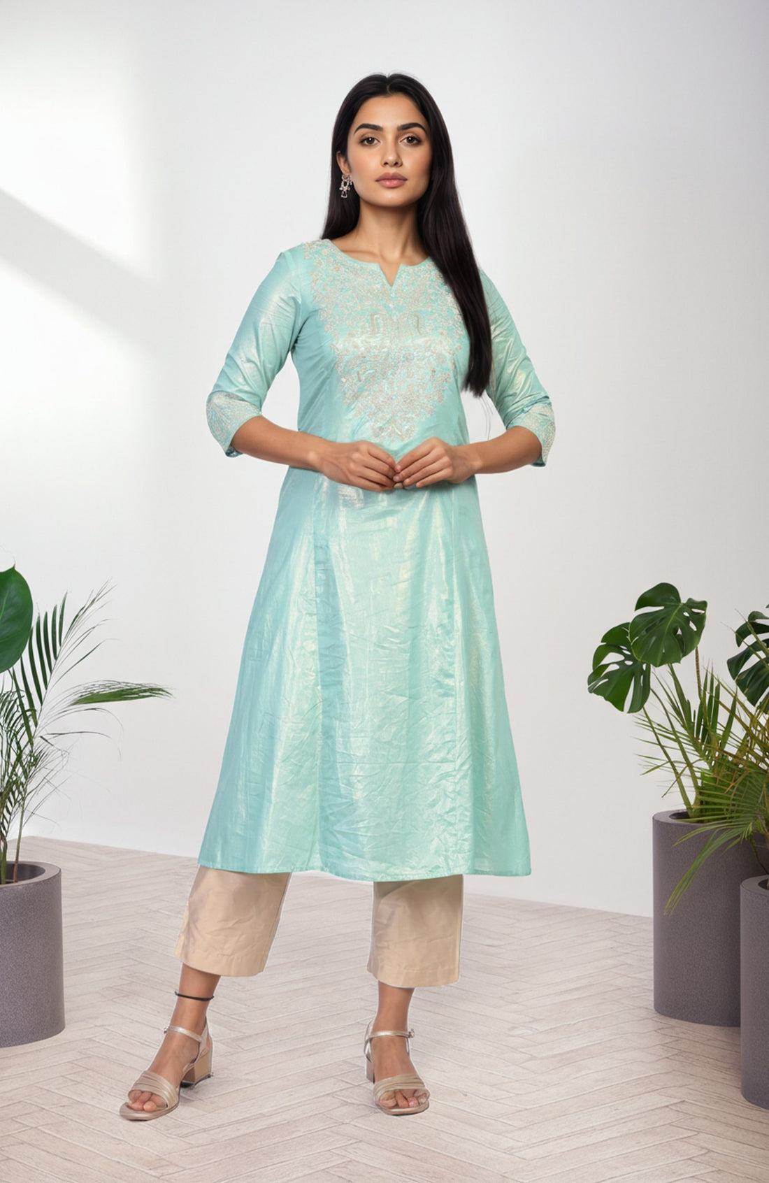 Sea Green Embroidered A-Line Cotton Kurta