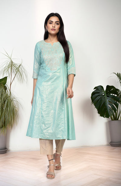 Sea Green Embroidered A-Line Cotton Kurta