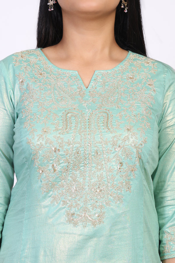 Sea Green Embroidered A-Line Cotton Kurta