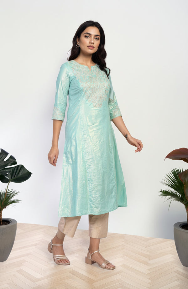 Sea Green Embroidered A-Line Cotton Kurta