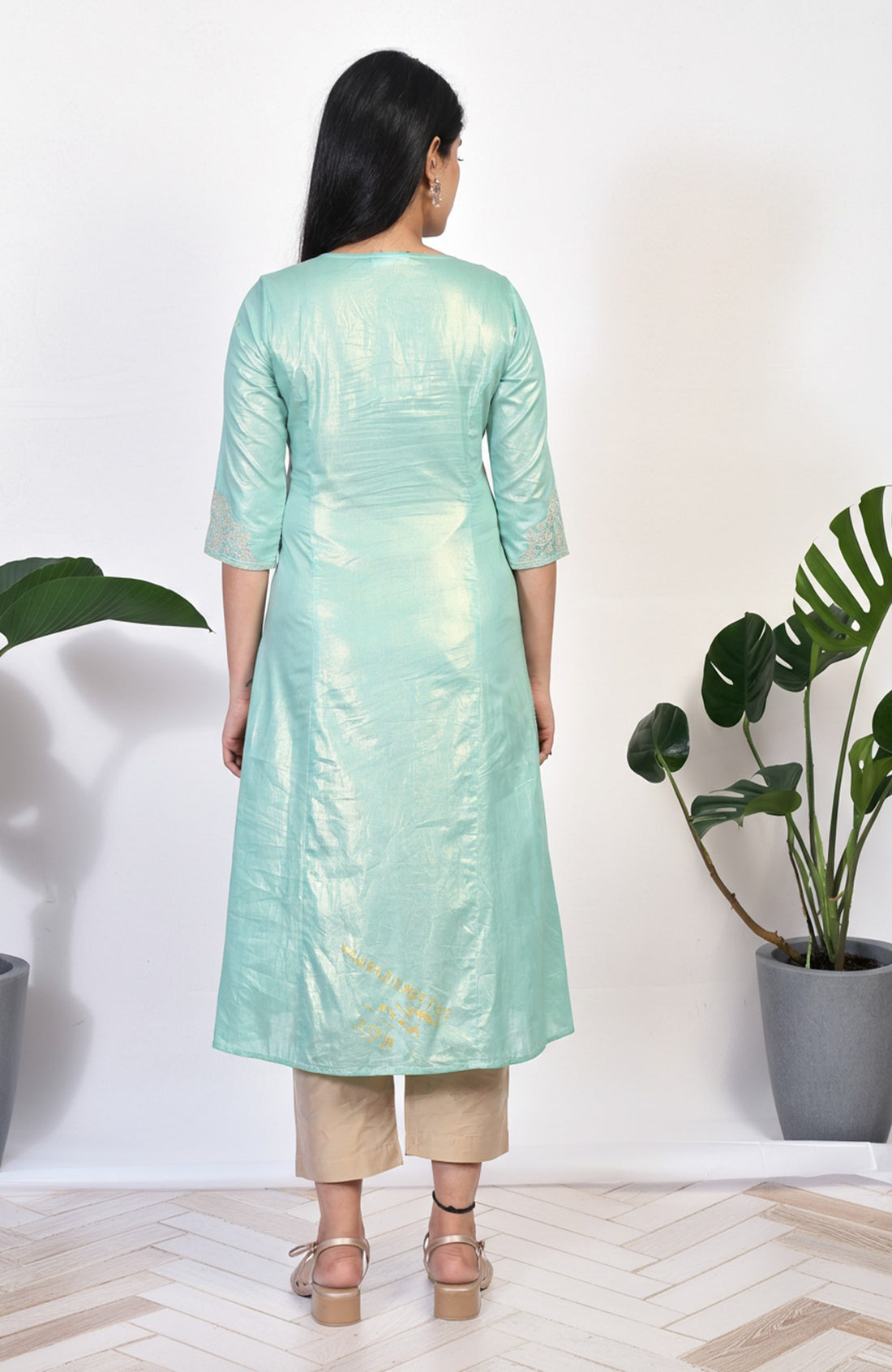 Sea Green Embroidered A-Line Cotton Kurta