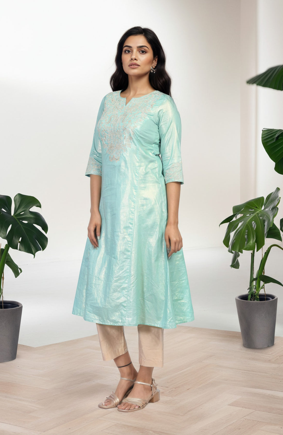Sea Green Embroidered A-Line Cotton Kurta