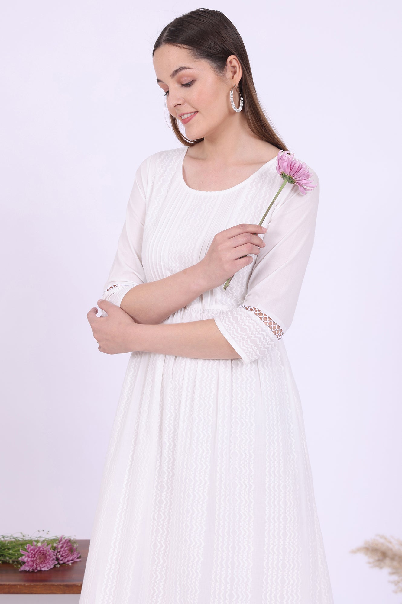 White Solid A-Line Pure Cotton Dresses