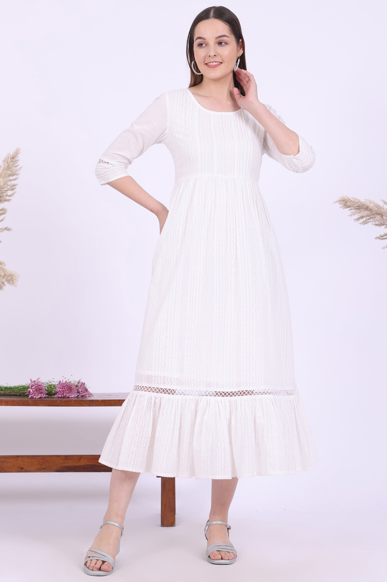 White Solid A-Line Pure Cotton Dresses