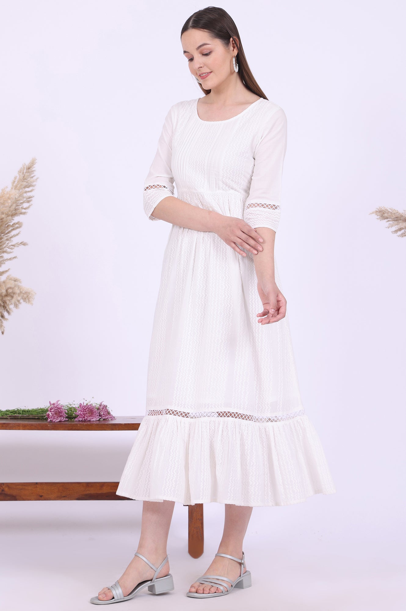 White Solid A-Line Pure Cotton Dresses