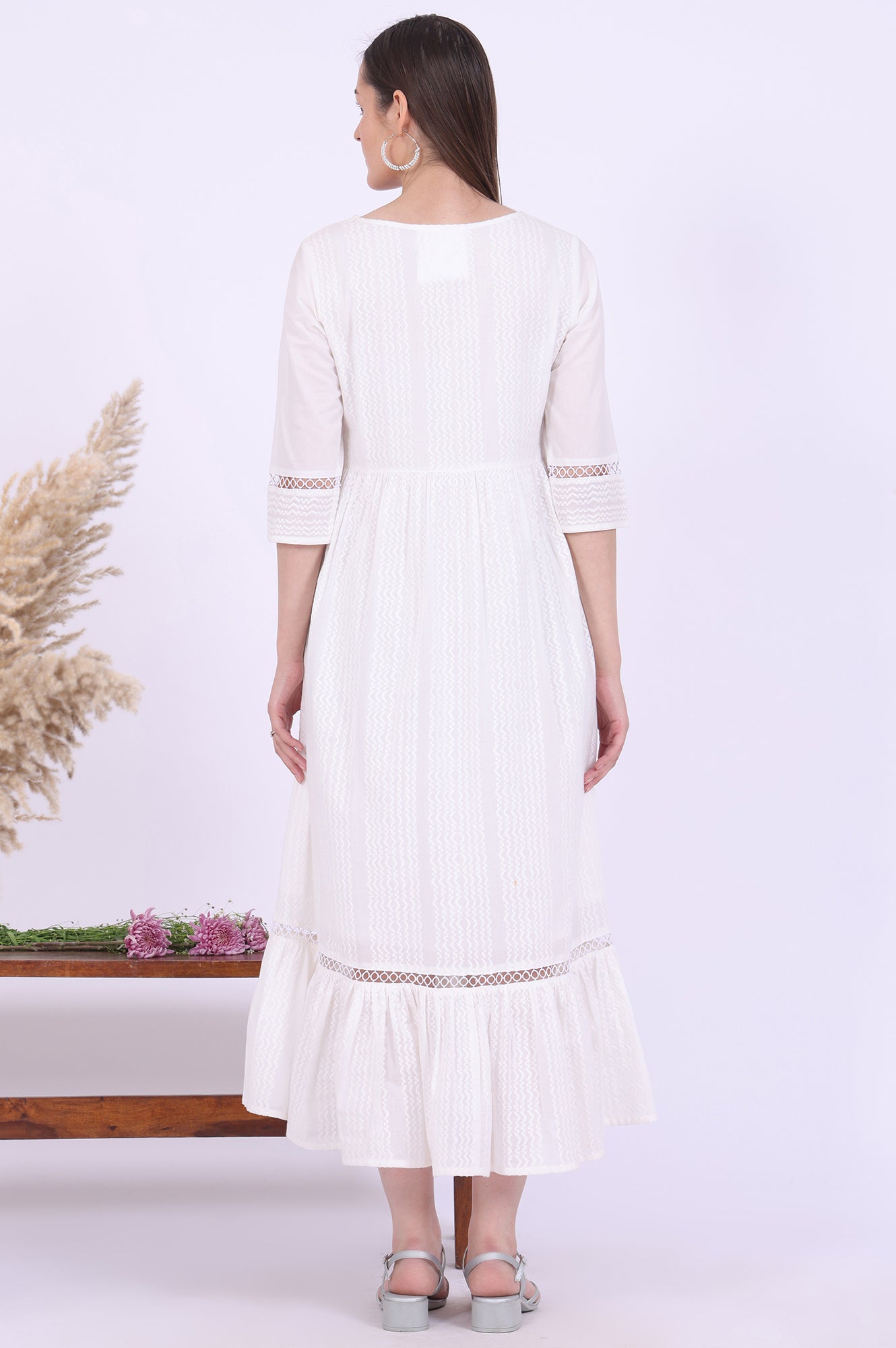 White Solid A-Line Pure Cotton Dresses