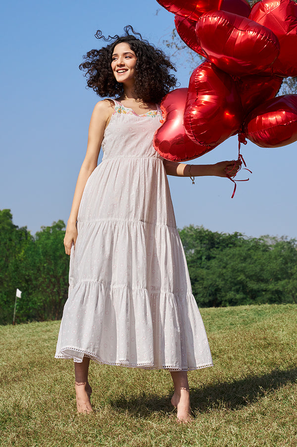 White Printed Thread Embroidered Pure Cotton Tiered Dress