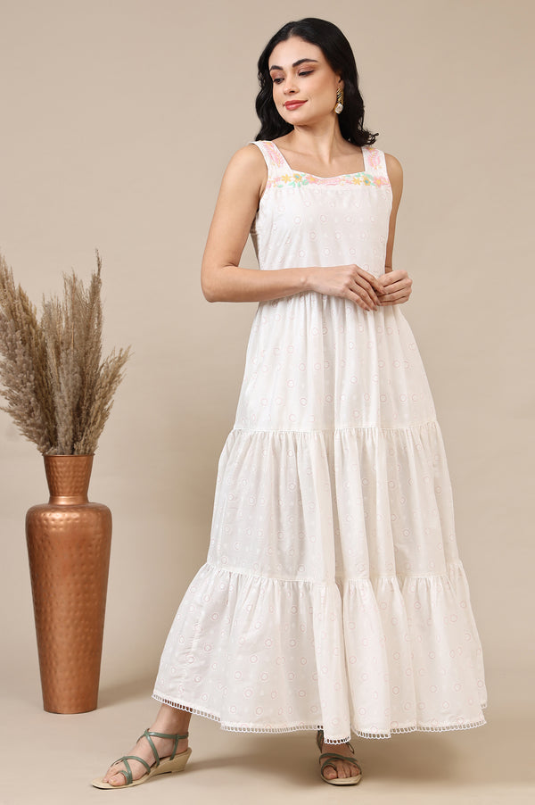 White Printed Thread Embroidered Pure Cotton Tiered Dress