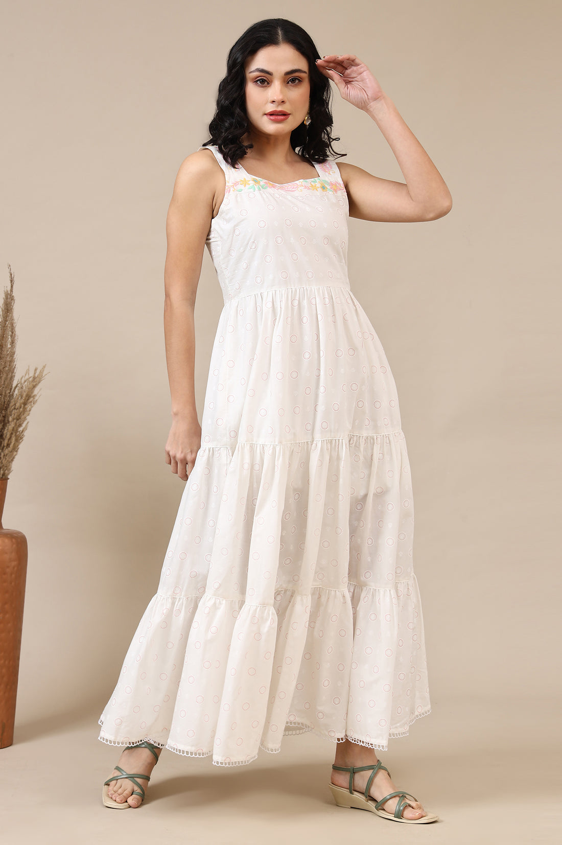 White Printed Thread Embroidered Pure Cotton Tiered Dress