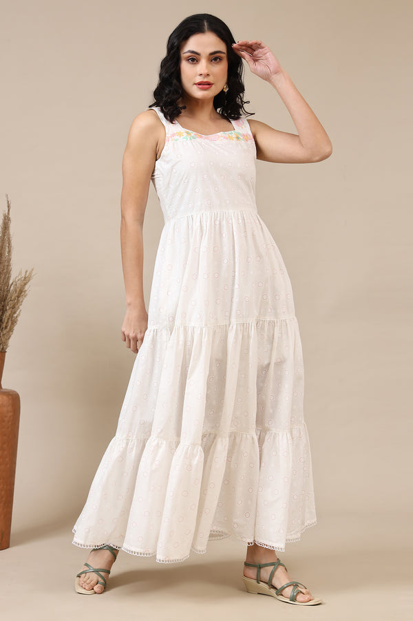 White Printed Thread Embroidered Pure Cotton Tiered Dress